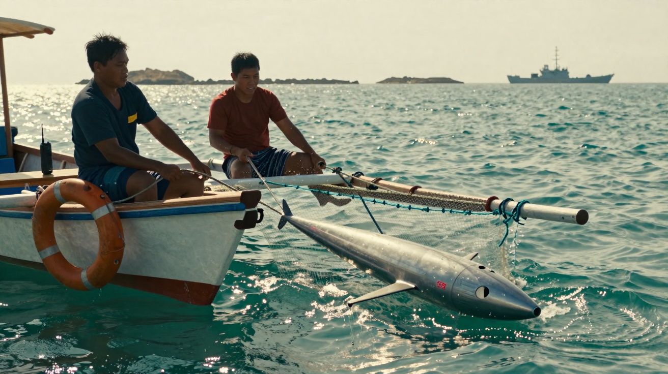 Dois homens em barco artesanal manuseiam equipamento robótico em formato de peixe no mar, com navio ao fundo.