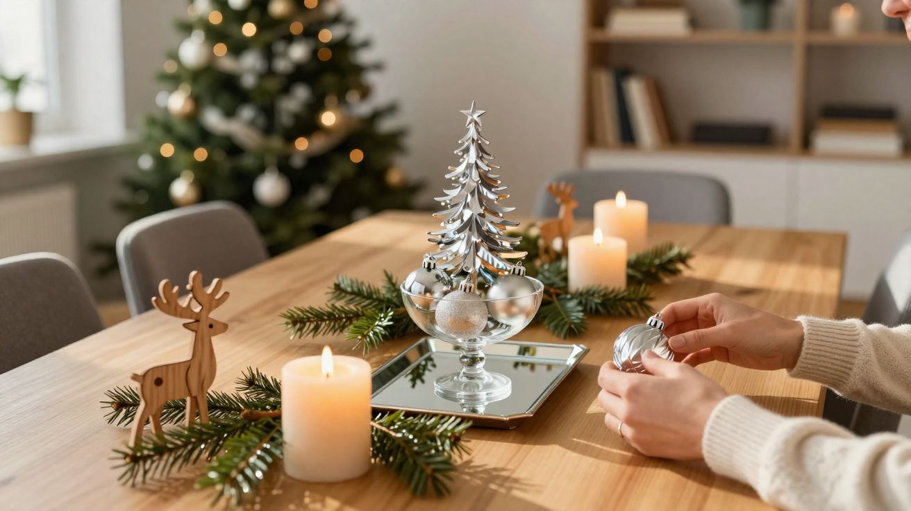 Mesa decorada para o Natal com velas, enfeites prateados, pinheiros e um boneco de rena de madeira.
