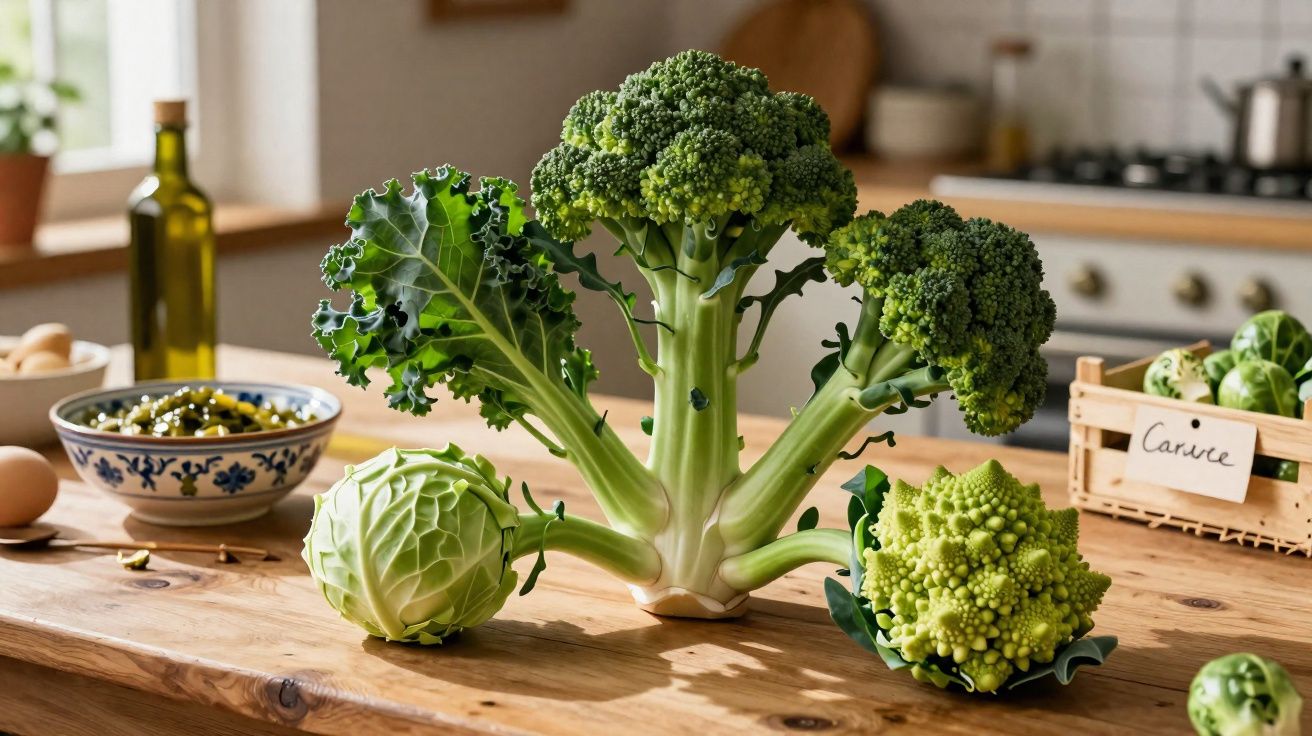 Brócolis, couve, repolho e couve-romanesca frescos sobre mesa de madeira em cozinha.