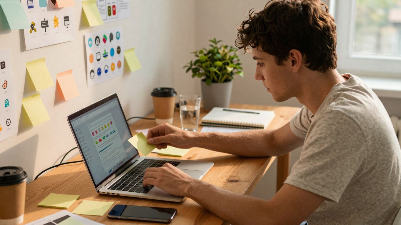 Jovem concentrado trabalhando no laptop em mesa com anotações, celular e plantas ao lado.