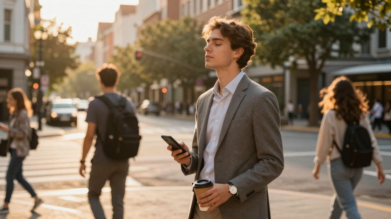 Jovem de terno cinza segura café e celular, olhos fechados, em cruzamento urbano ao entardecer.