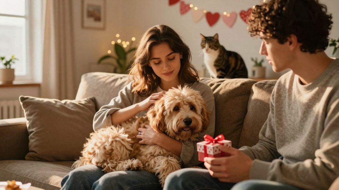 Casal sentado no sofá, mulher acaricia cachorro e homem entrega presente, gato observa ao fundo.