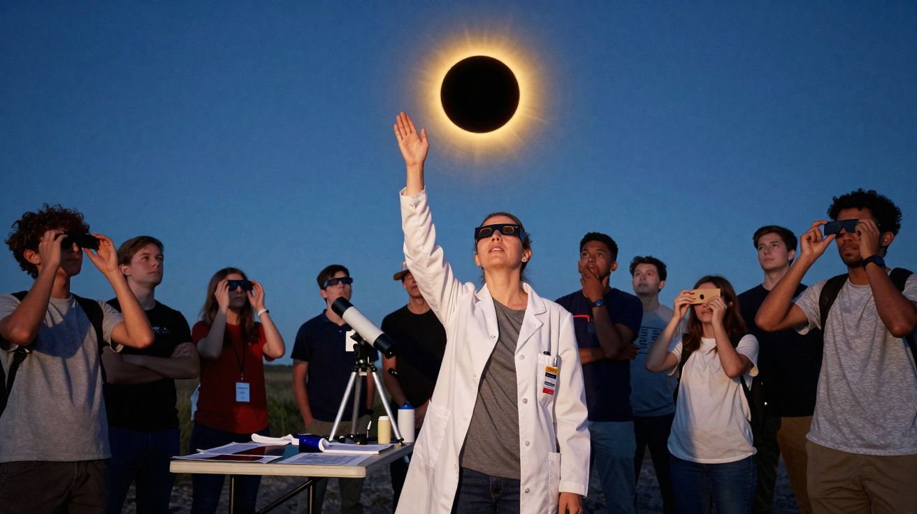 Grupo de pessoas usando óculos de eclipse observando eclipse solar total ao ar livre ao entardecer.