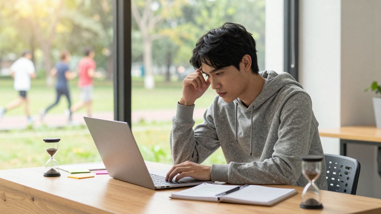 Jovem concentrado usando laptop em mesa com ampulhetas e caderno perto de janela com vista para parque.