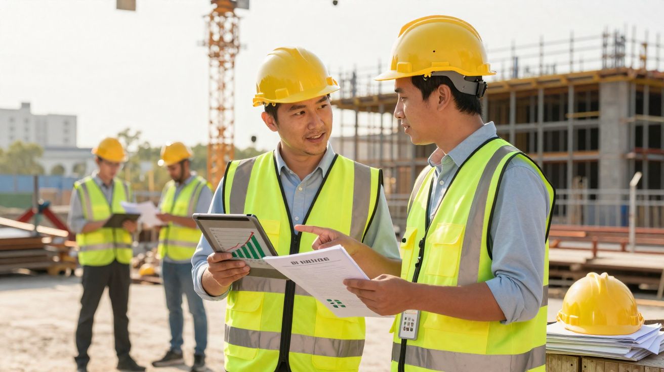 Dois engenheiros conversam com capacetes e coletes em obra com prédios e equipamentos ao fundo.