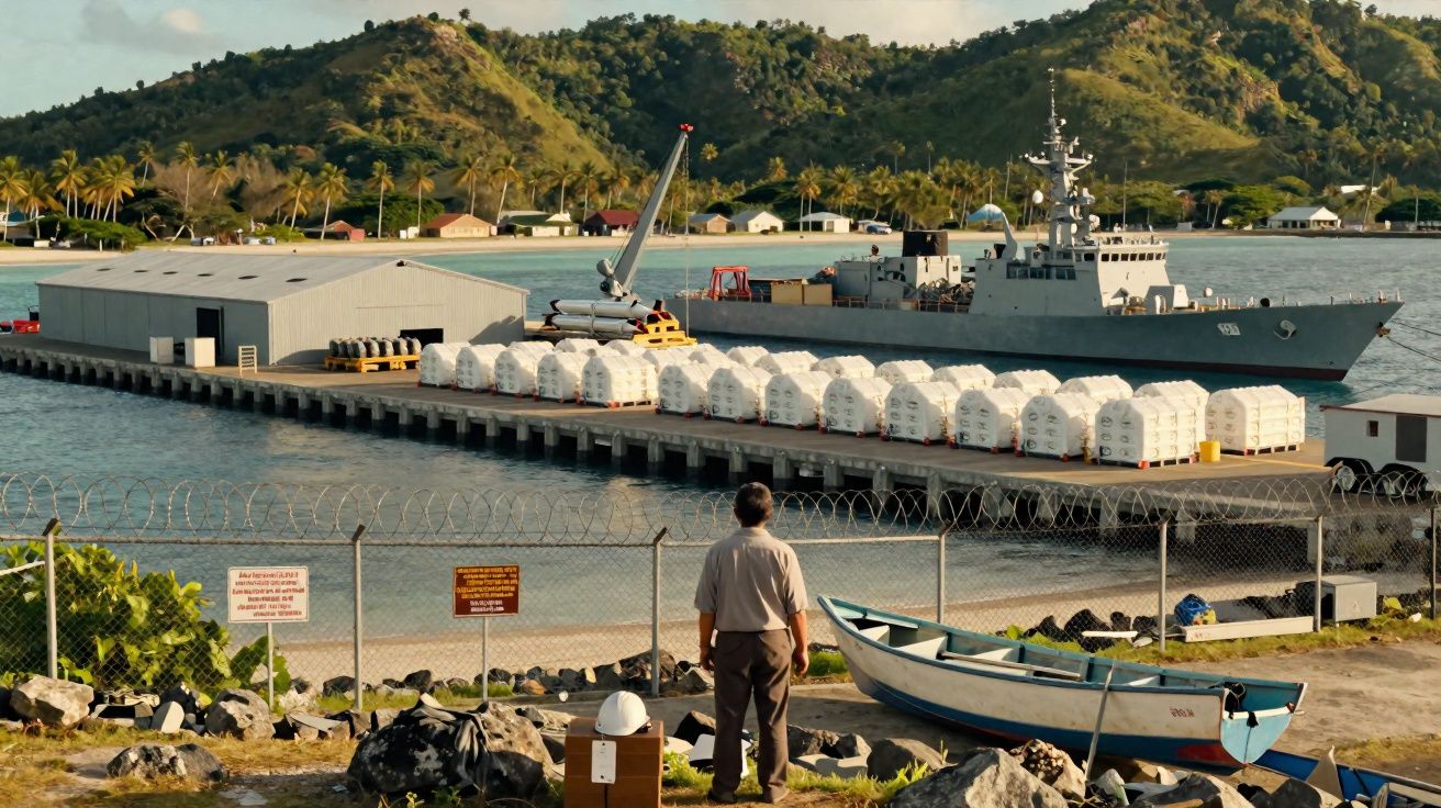 Homem observa porto com navio militar, containers brancos e montanhas ao fundo em dia ensolarado.