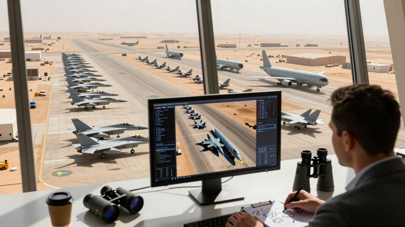 Homem observa aeronaves militares alinhadas na pista de aeroporto desértico, com binóculos e computador.