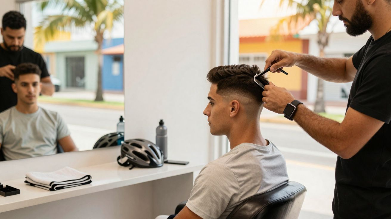 Homem cortando cabelo de cliente em barbearia com espelho e capacete na mesa.