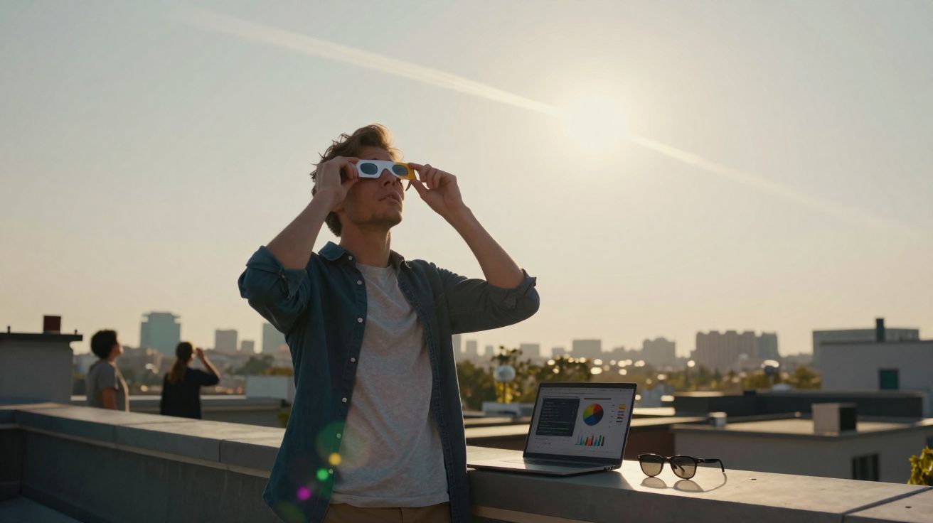 Jovem usando óculos especiais para eclipse solar em terraço com laptop aberto exibindo gráficos.