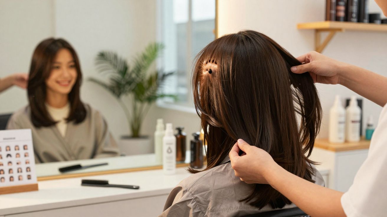 Mulher recebendo corte de cabelo em salão, vista de trás com reflexo dela sorrindo no espelho.
