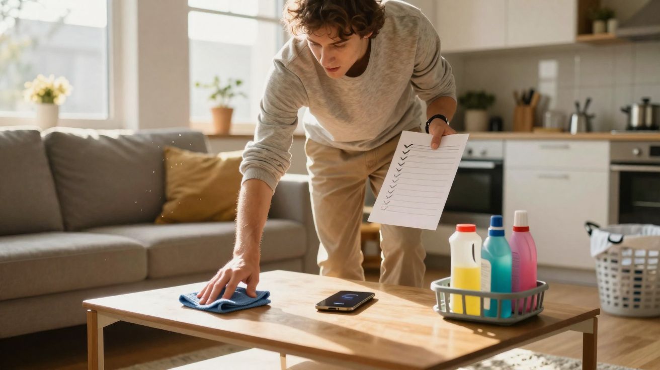Jovem limpando mesa de madeira na sala com pano azul, segurando checklist, produtos de limpeza ao lado.