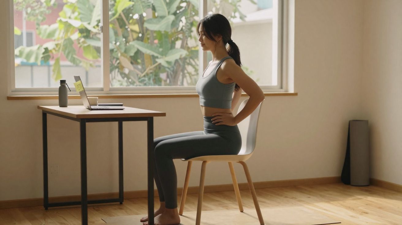 Mulher fazendo exercícios de alongamento sentada em cadeira, em frente a uma mesa com notebook e garrafa.