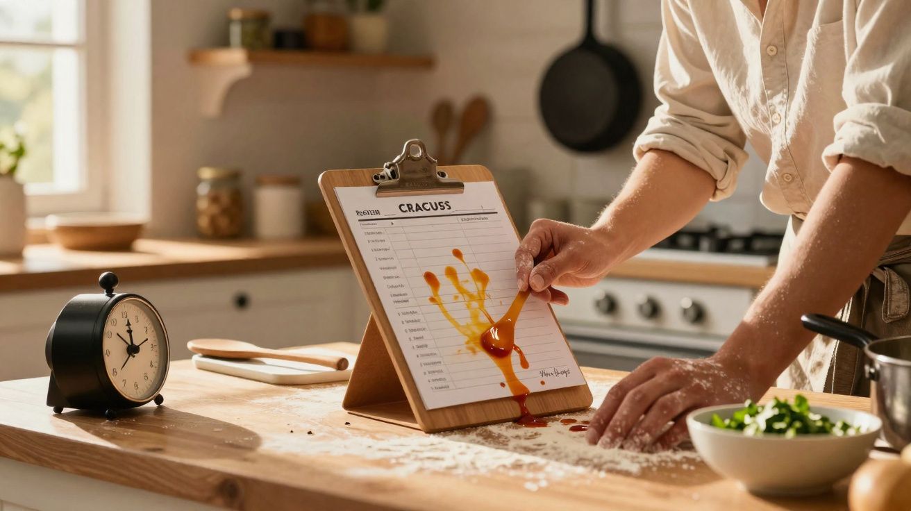 Pessoa manchando com molho um quadro de receitas em cozinha iluminada com timer e tigela de salada.