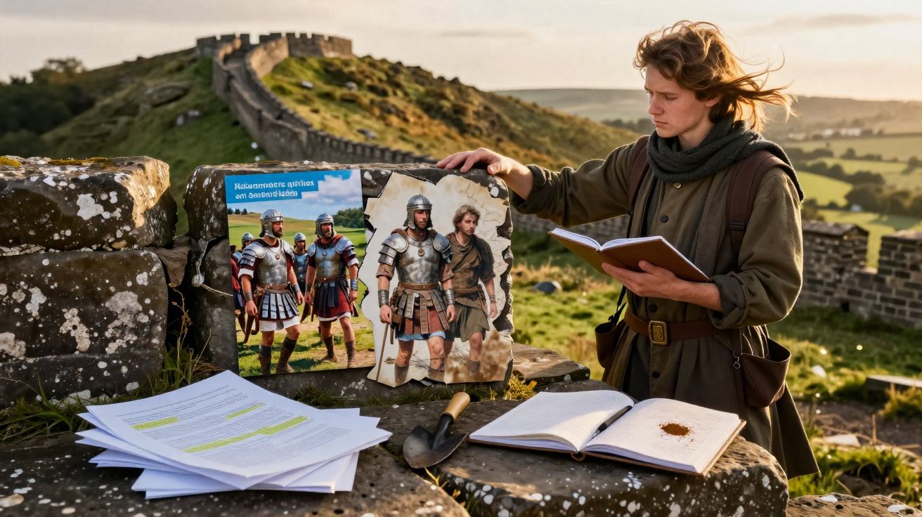 Jovem estudando história romana ao ar livre, com livros, papéis e muralhas antigas ao fundo.