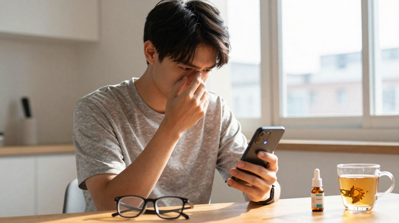 Homem com expressão cansada segura o nariz enquanto olha para o celular, com óculos e chá sobre a mesa.