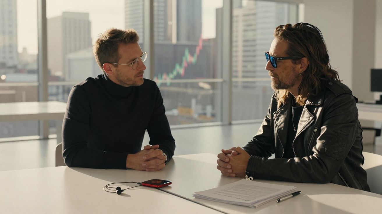 Dois homens conversando em escritório com vista para prédios e gráficos financeiros ao fundo.