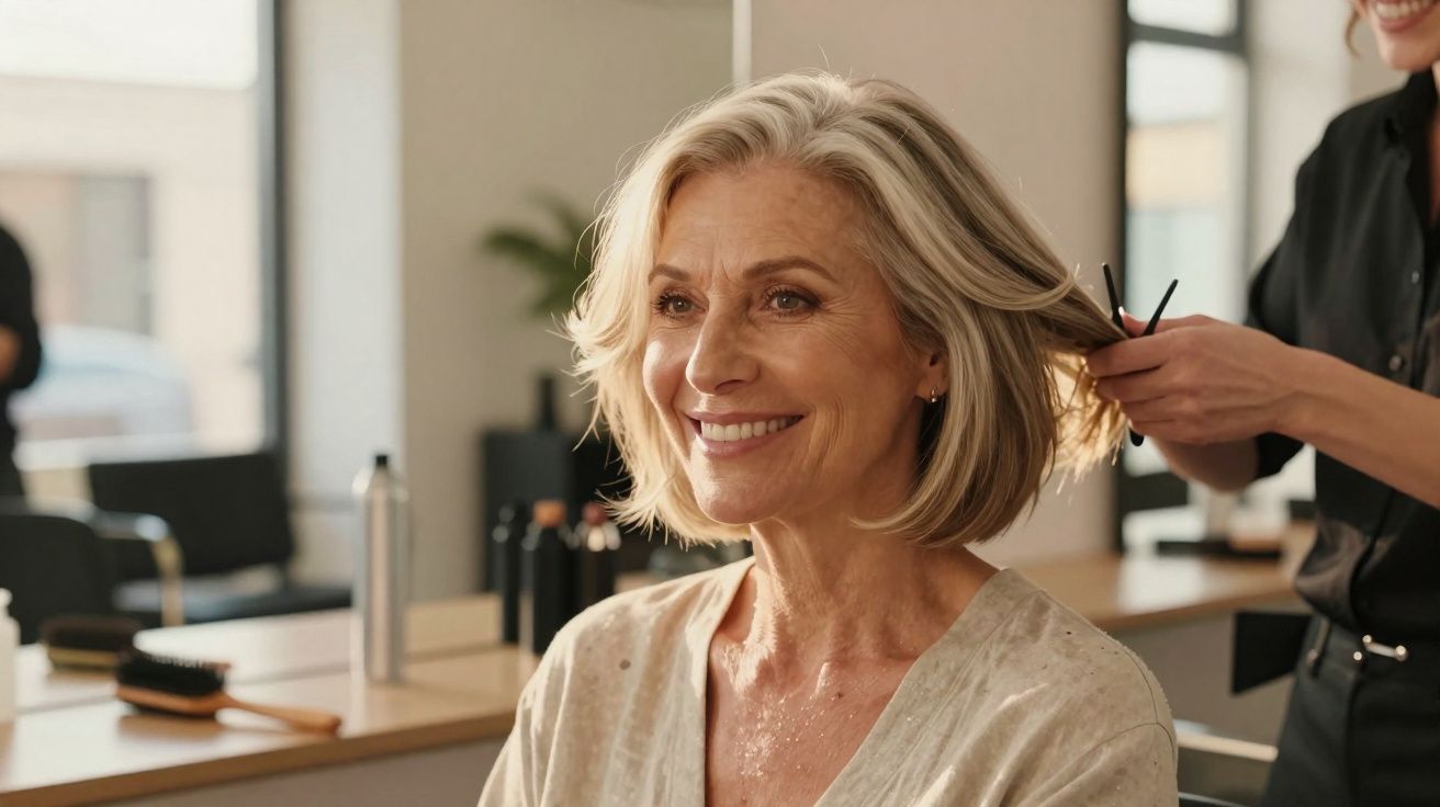 Mulher madura sorrindo enquanto profissional arruma seu cabelo em salão de beleza moderno.