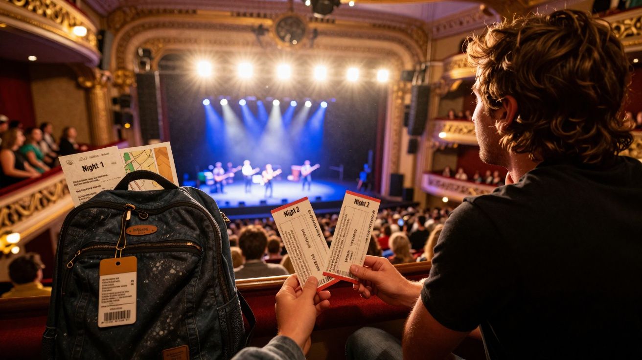 Pessoas segurando ingressos para show em teatro histórico lotado com palco iluminado ao fundo.