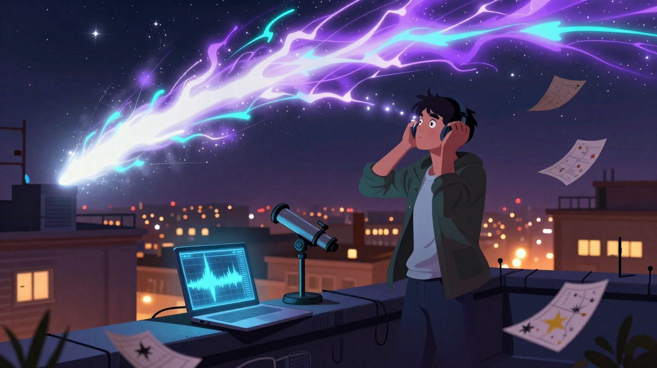 Jovem observa com surpresa um cometa luminoso no céu noturno, enquanto ouve com fone e usa telescópio.