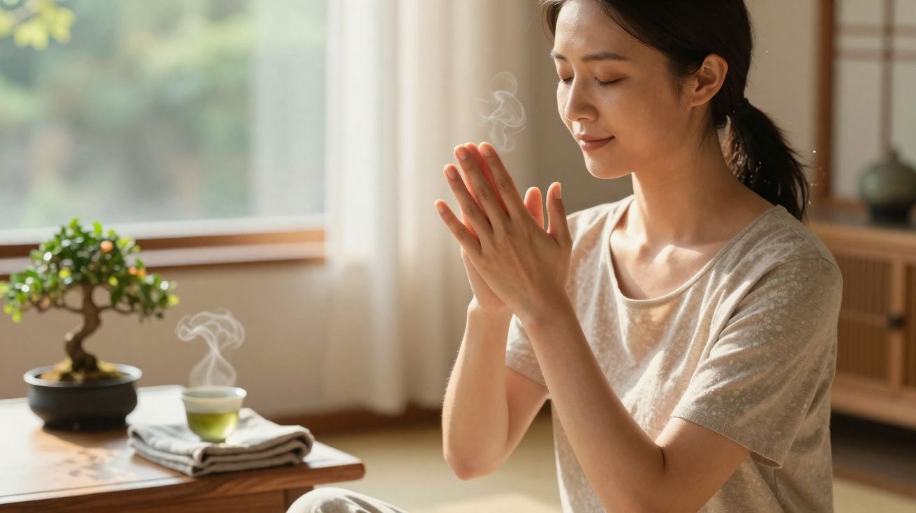 Mulher asiática em ambiente tranquilo, com as mãos próximas ao rosto e chá quente em uma mesa ao lado.