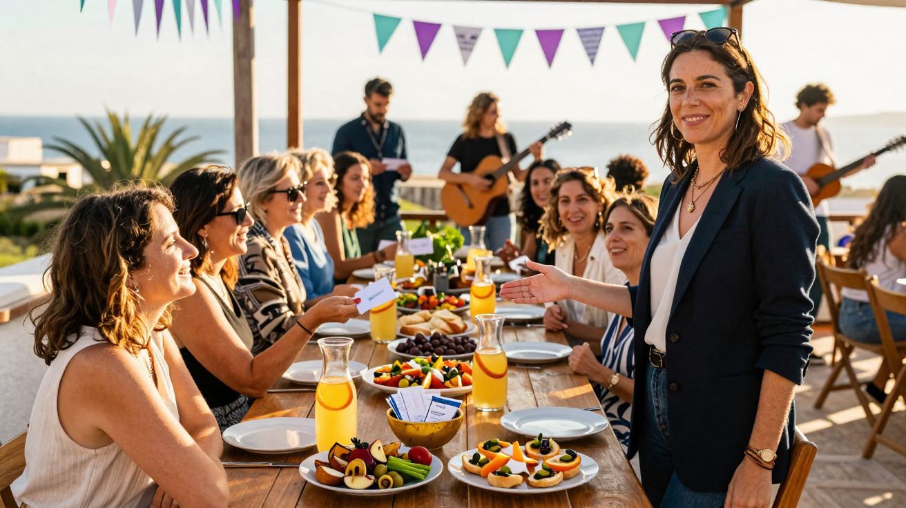 Mulheres reunidas em festa ao ar livre, com comida e músicos tocando violão ao fundo.