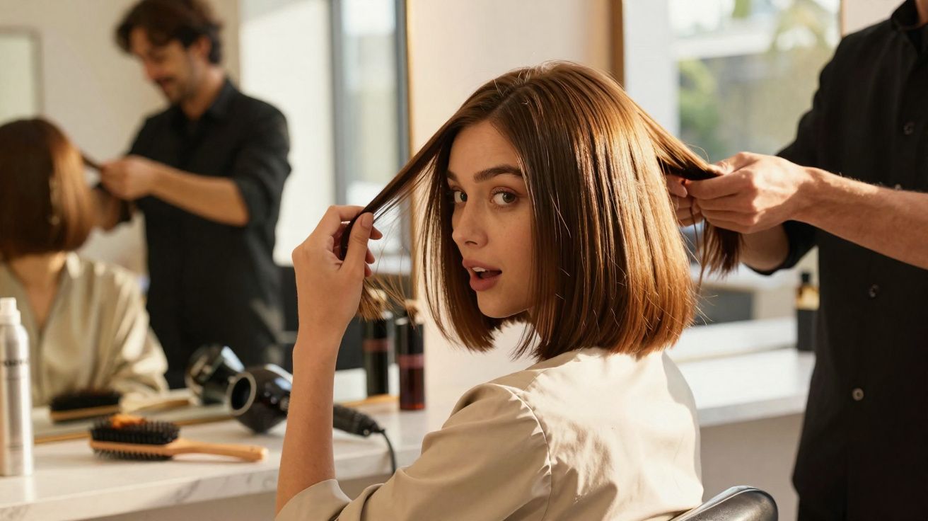 Mulher com corte bob sentada e verificando o cabelo enquanto cabeleireiro ajusta o comprimento em salão.