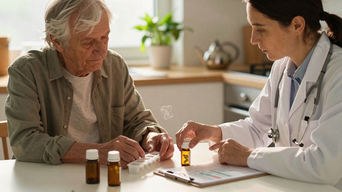 Médica orienta idoso sobre medicação em uma sala iluminada, com frascos de remédio na mesa.