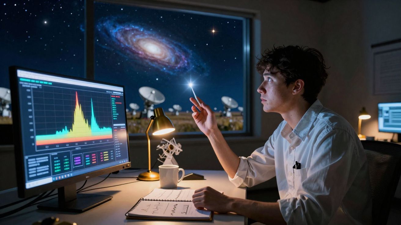 Homem em escritório olhando para imagem de galáxia e segurando ponto luminoso na ponta do dedo.