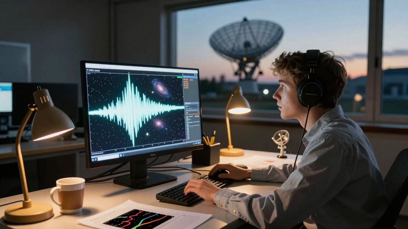 Jovem com fones analisa sinais astronômicos em computador, com antena parabólica ao fundo.