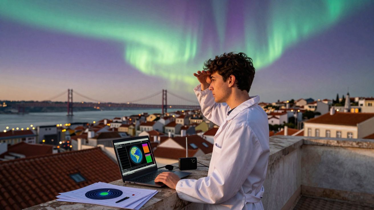 Homem com jaleco observa aurora boreal enquanto usa laptop em varanda com vista para cidade ao entardecer.