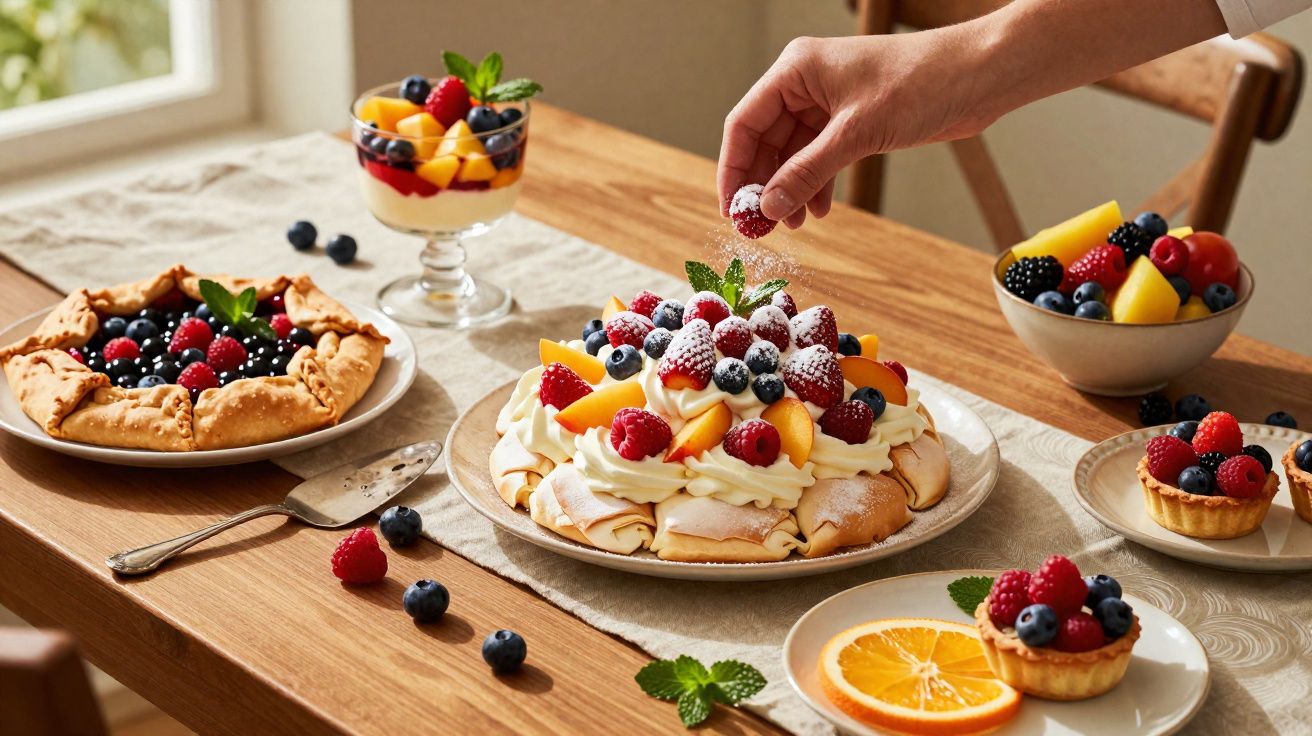 Mesa de madeira com sobremesas de frutas vermelhas, chantilly e fatias de laranja, mão colocando framboesa.