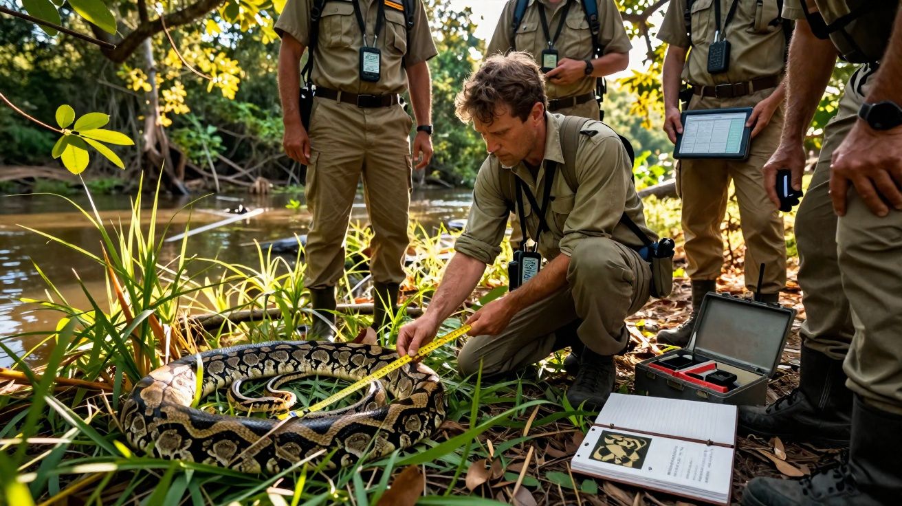 Equipe de pesquisadores mede uma cobra píton enrolada próxima a um rio na mata.