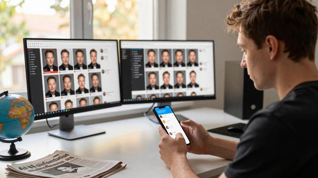 Homem olhando celular com duas telas mostrando várias fotos iguais de um homem loiro em escritório moderno.