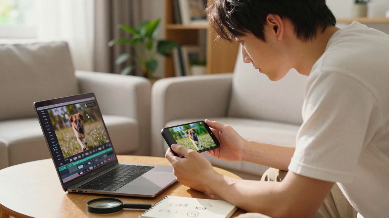 Homem editando vídeo de cachorro correndo na grama em laptop e smartphone em uma sala.