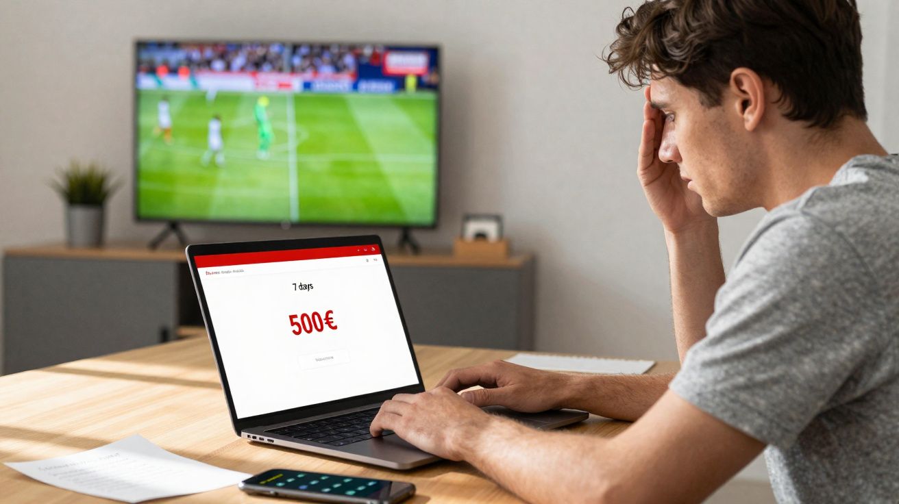 Homem sentado com expressão preocupada ao olhar para resultado de aposta de 500 euros no laptop.