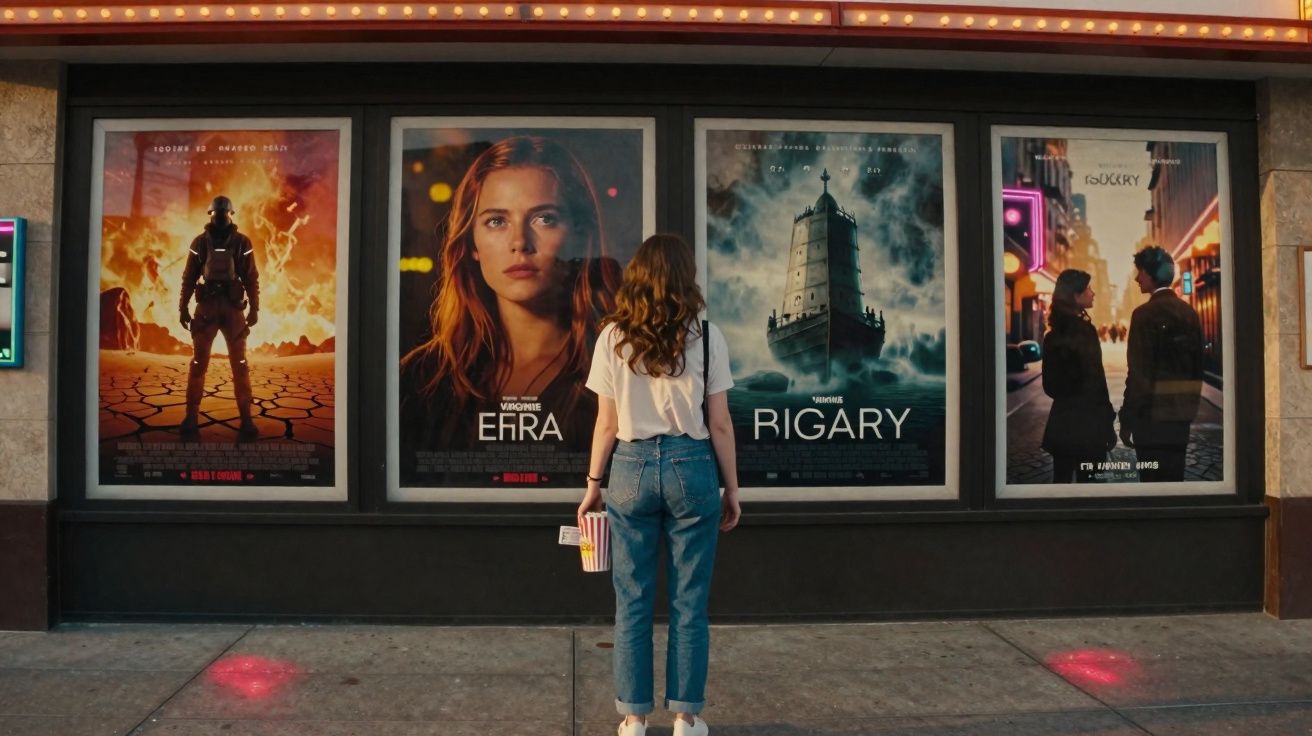 Mulher de costas observa quatro cartazes de filmes em uma parede de cinema à noite.