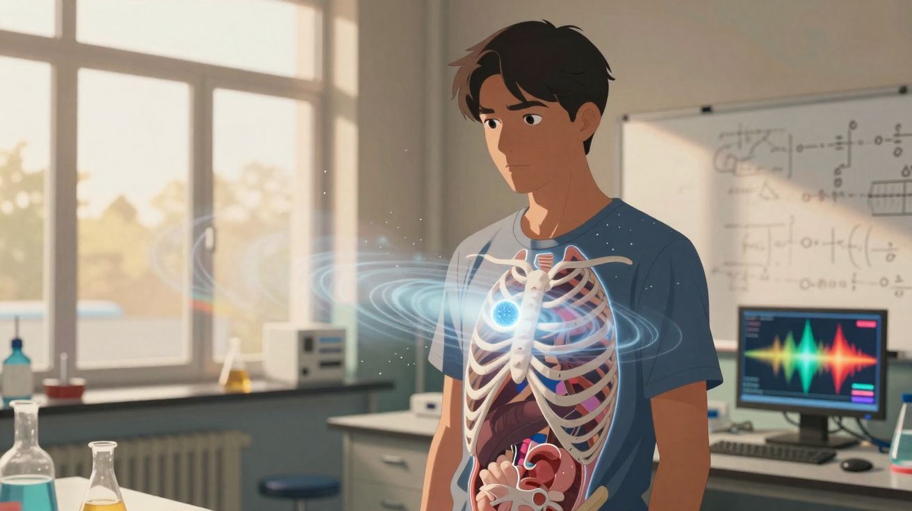 Jovem em laboratório com visão holográfica do esqueleto, órgãos internos e galáxia no peito.