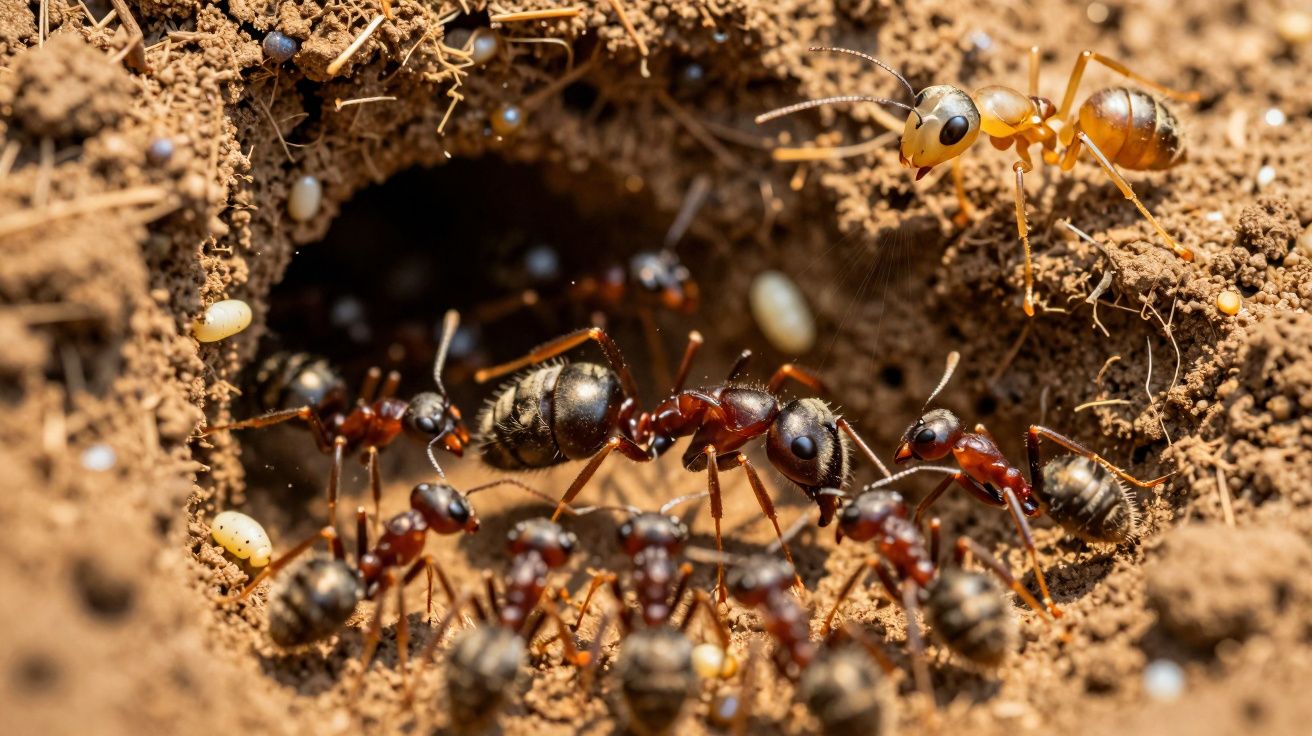 Formigas se movendo em torno da entrada de um formigueiro na terra com pequenos ovos ao redor.