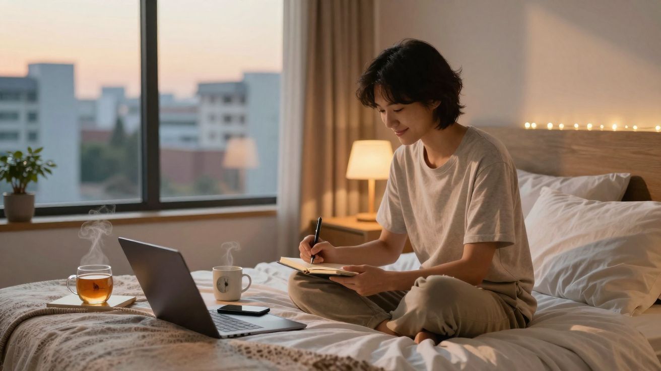 Pessoa sentada na cama escrevendo em caderno, com laptop e chá em ambiente aconchegante ao entardecer.