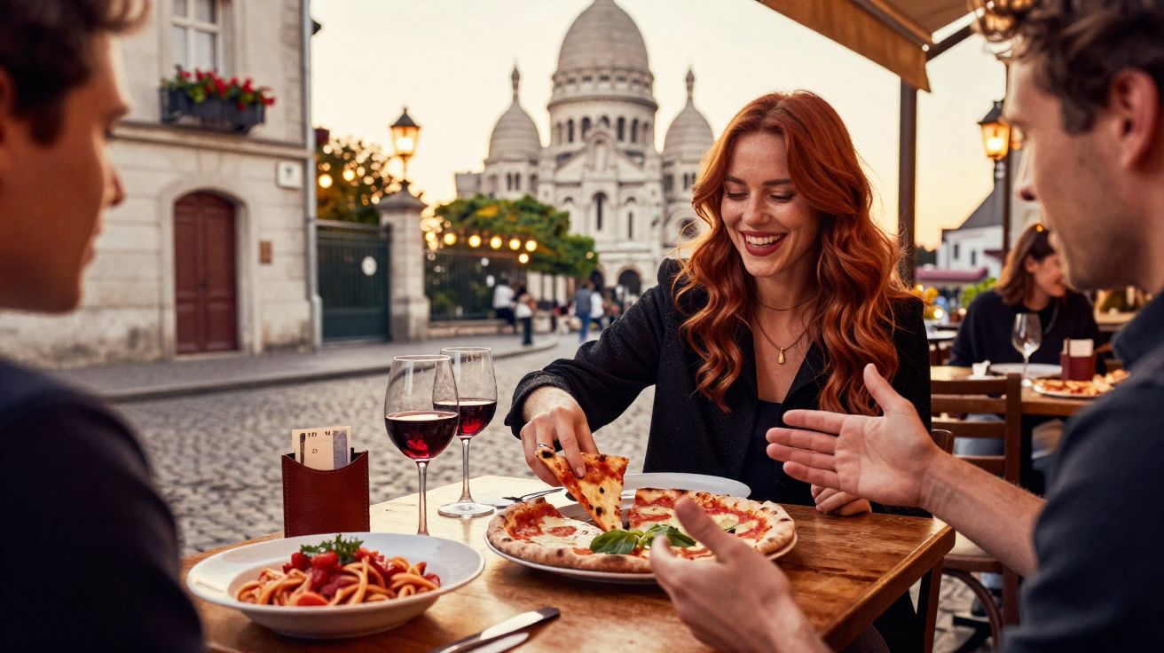 Três pessoas aproveitando refeição com pizza, macarrão e vinho em restaurante ao ar livre em Paris.