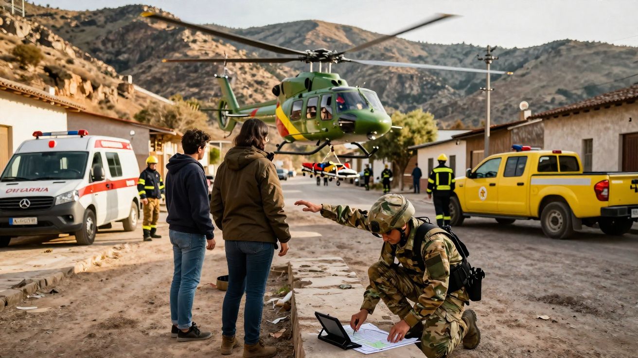 Helicóptero verde pousando em área rural com militares, ambulância, caminhonete amarela e civis observando.