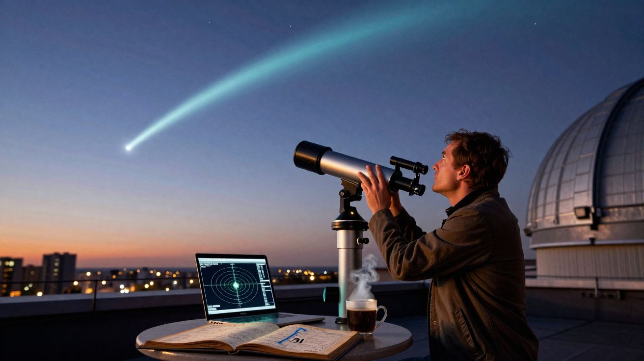 Homem observa com telescópio com um cometa visível no céu ao entardecer, com laptop e livros sobre mesa.