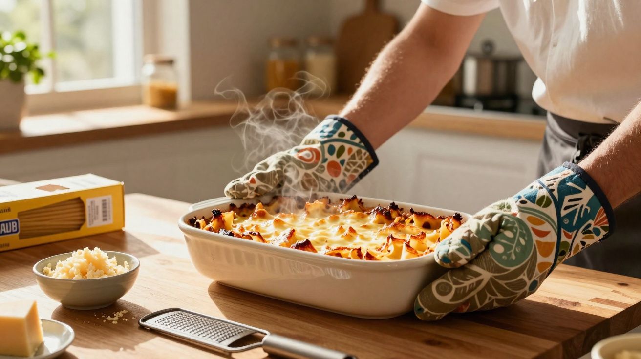 Pessoa com luvas térmicas segurando travessa com lasanha quente fumegante na cozinha iluminada natural.