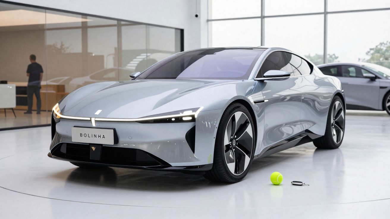 Carro esportivo elétrico prata exposto em ambiente moderno com chave e bolinha de tênis ao lado.