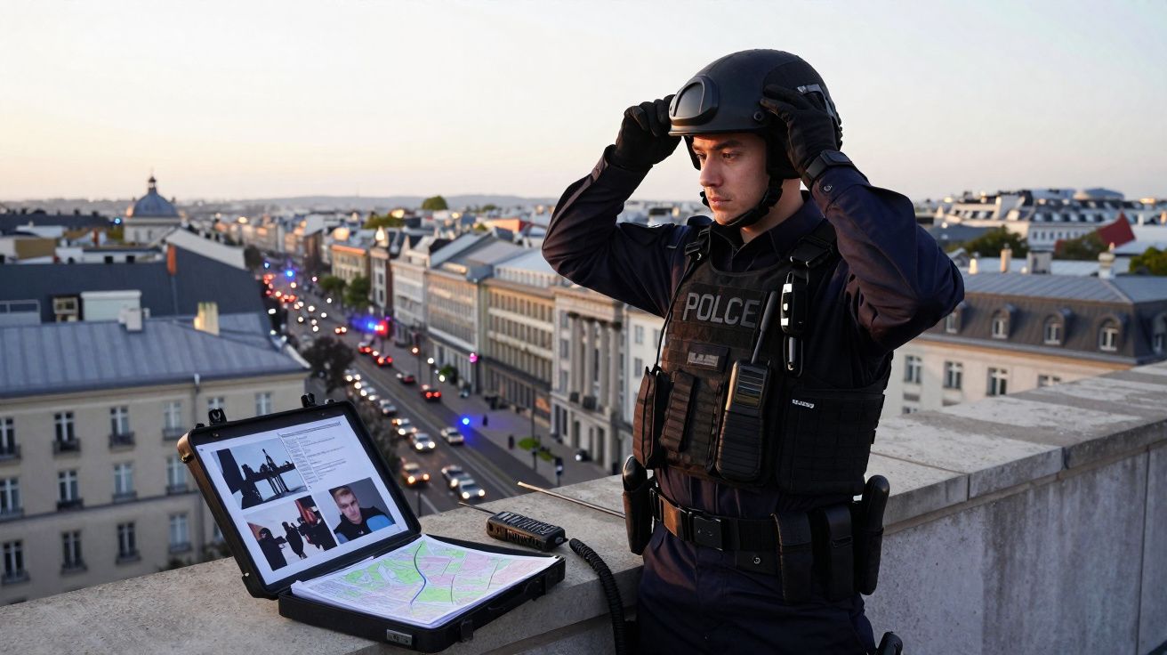 Policial armado ajusta capacete em prédio alto com tablet e rádio ao lado e vista da cidade ao fundo.