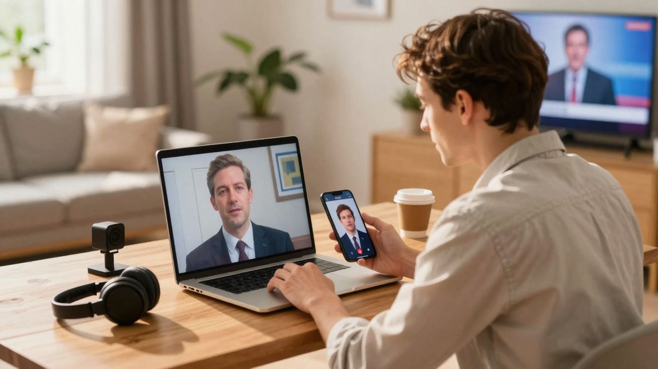 Homem participa de chamada de vídeo em laptop e celular em ambiente de home office.