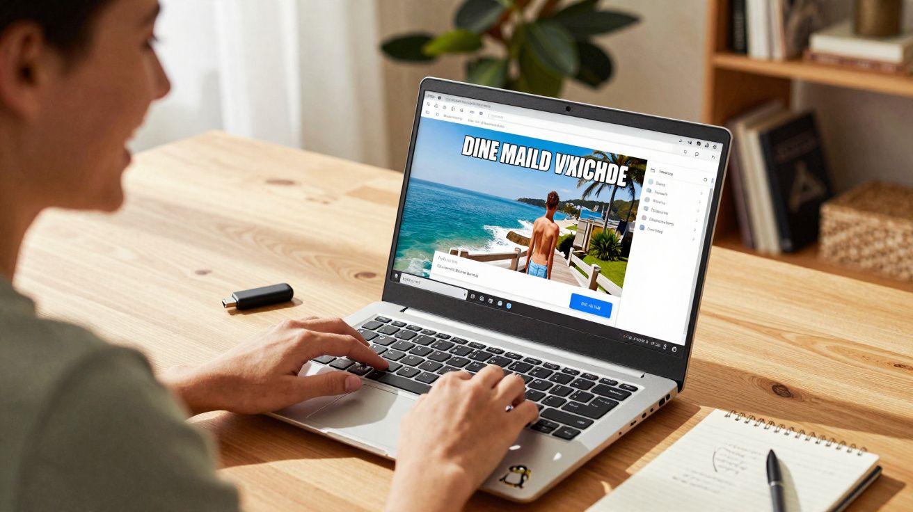 Pessoa usando laptop em mesa de madeira com site de viagem aberto na tela e caderno ao lado.