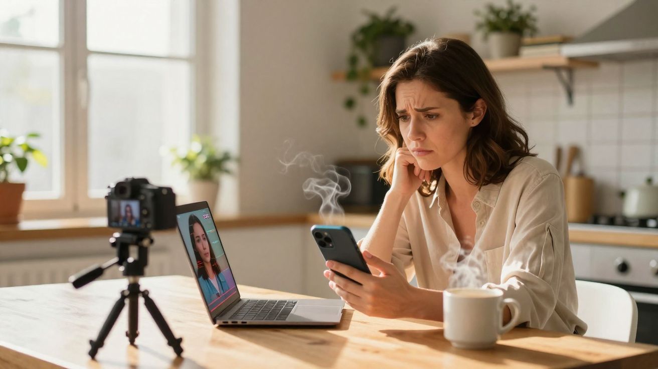 Mulher preocupada usando celular, laptop e câmera, em cozinha iluminada, com café fumegante na mesa.