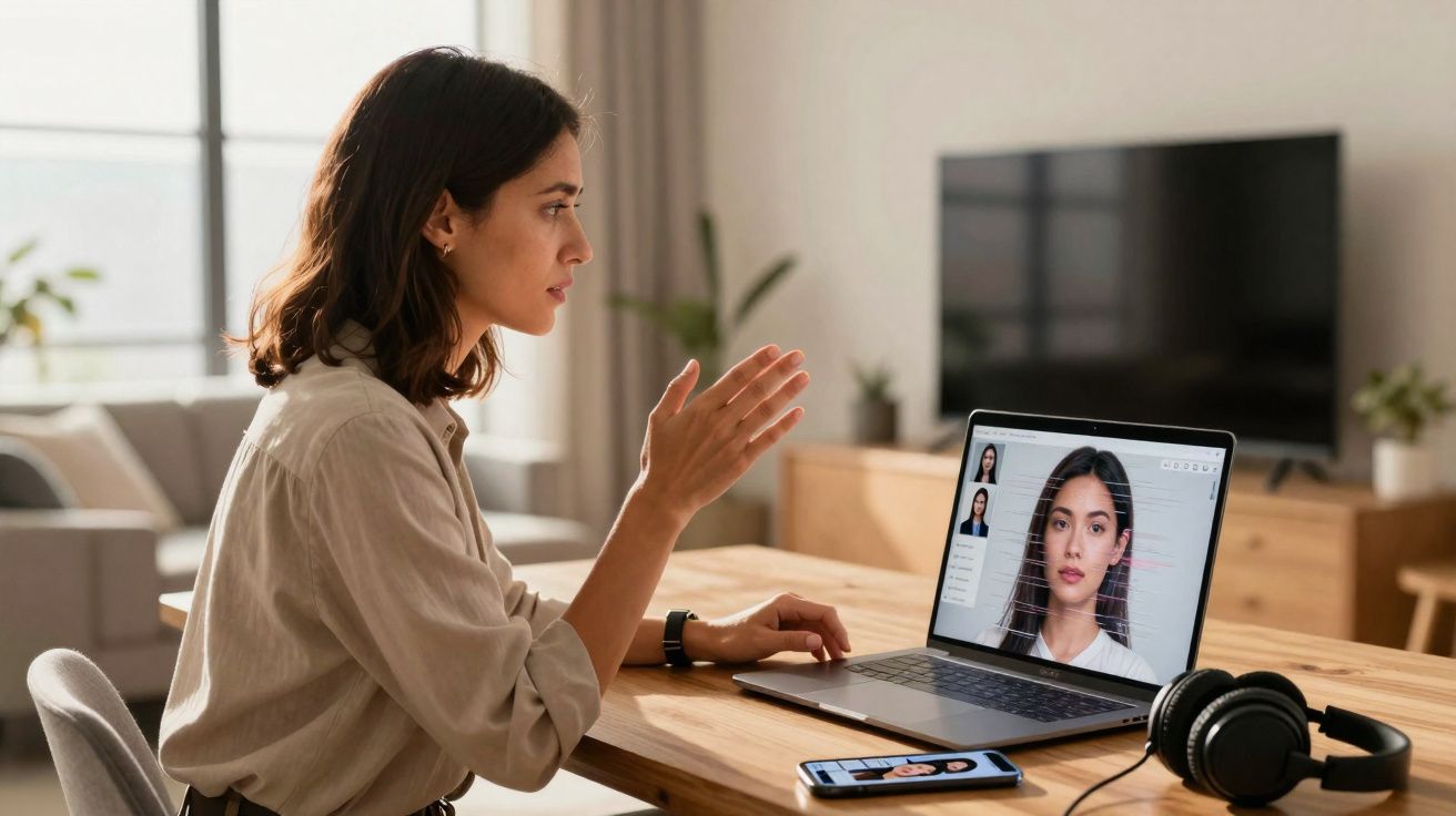 Mulher participa de entrevista online em laptop, sentada em mesa com smartphone e fones de ouvido.