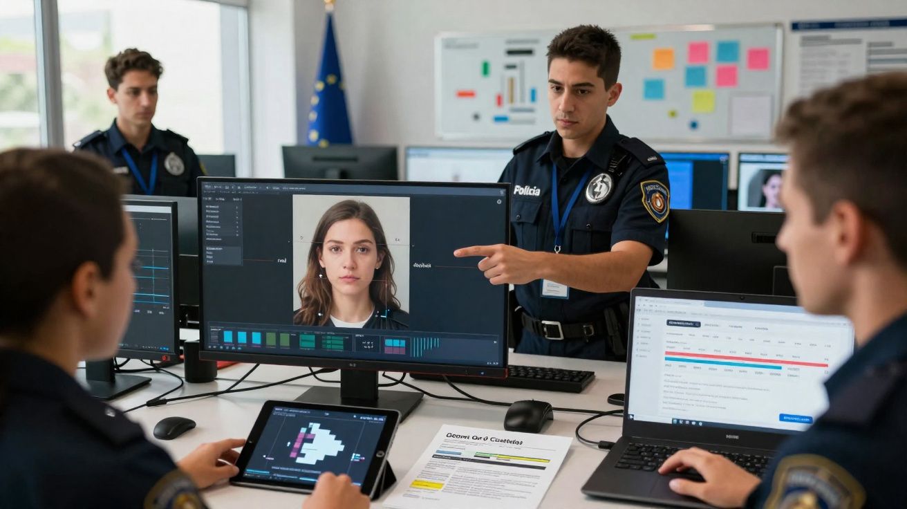Policiais em sala de controle analisam imagem facial de mulher em tela de computador.